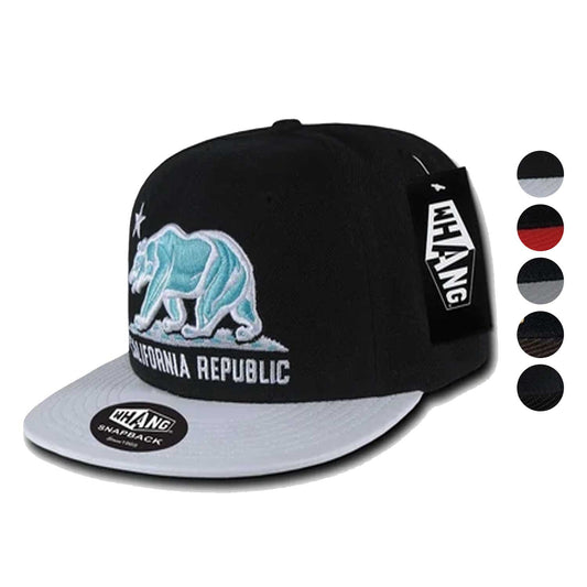 Whang California Cali Republic 6 Panel Flat Vinyl Bill Snapback Hats Caps-Black/Black-