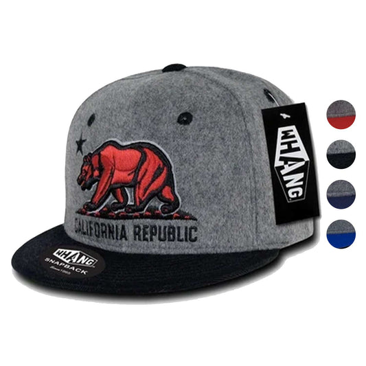 Whang Melton Cali Bear California Republic 6 Panel Snapback Hats Caps-Ash/Black-