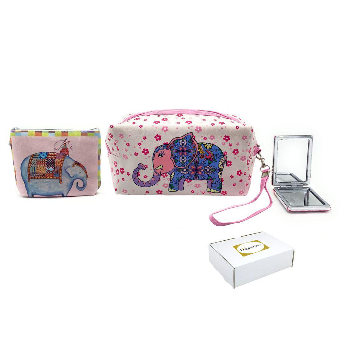Empire Cove Womens 3 Piece Gift Set Elephant Cosmetic Bag Makeup Coin Pouch Mirror-