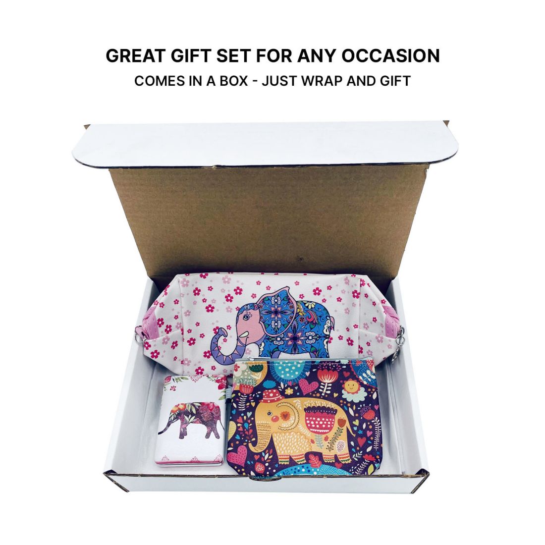 Empire Cove Womens 3 Piece Gift Set Elephant Cosmetic Bag Makeup Coin Pouch Mirror-