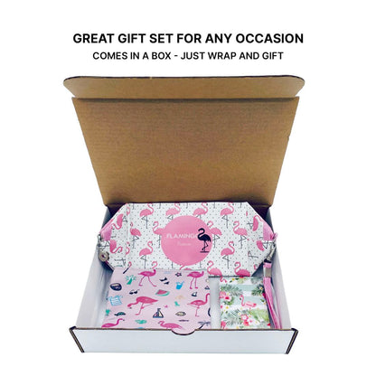 Empire Cove Womens 3 Piece Gift Set Flamingo Cosmetic Bags Coin Pouch Mirror-