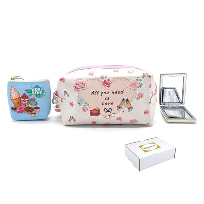 Empire Cove Womens 3 Piece Gift Set Love Cosmetic Bags Coin Pouch Mirror-