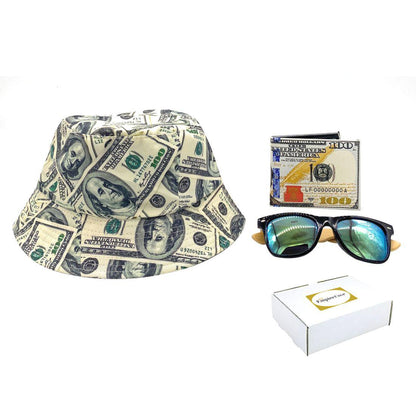 Empire Cove Mens 3 Piece Gift Set 100 Dollar Bill Bucket Hat Bifold Wallet Sunglasses-