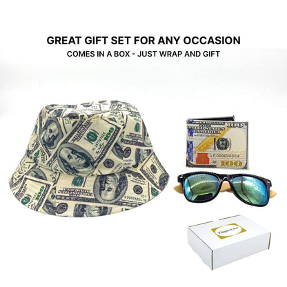 Empire Cove Mens 3 Piece Gift Set 100 Dollar Bill Bucket Hat Bifold Wallet Sunglasses-