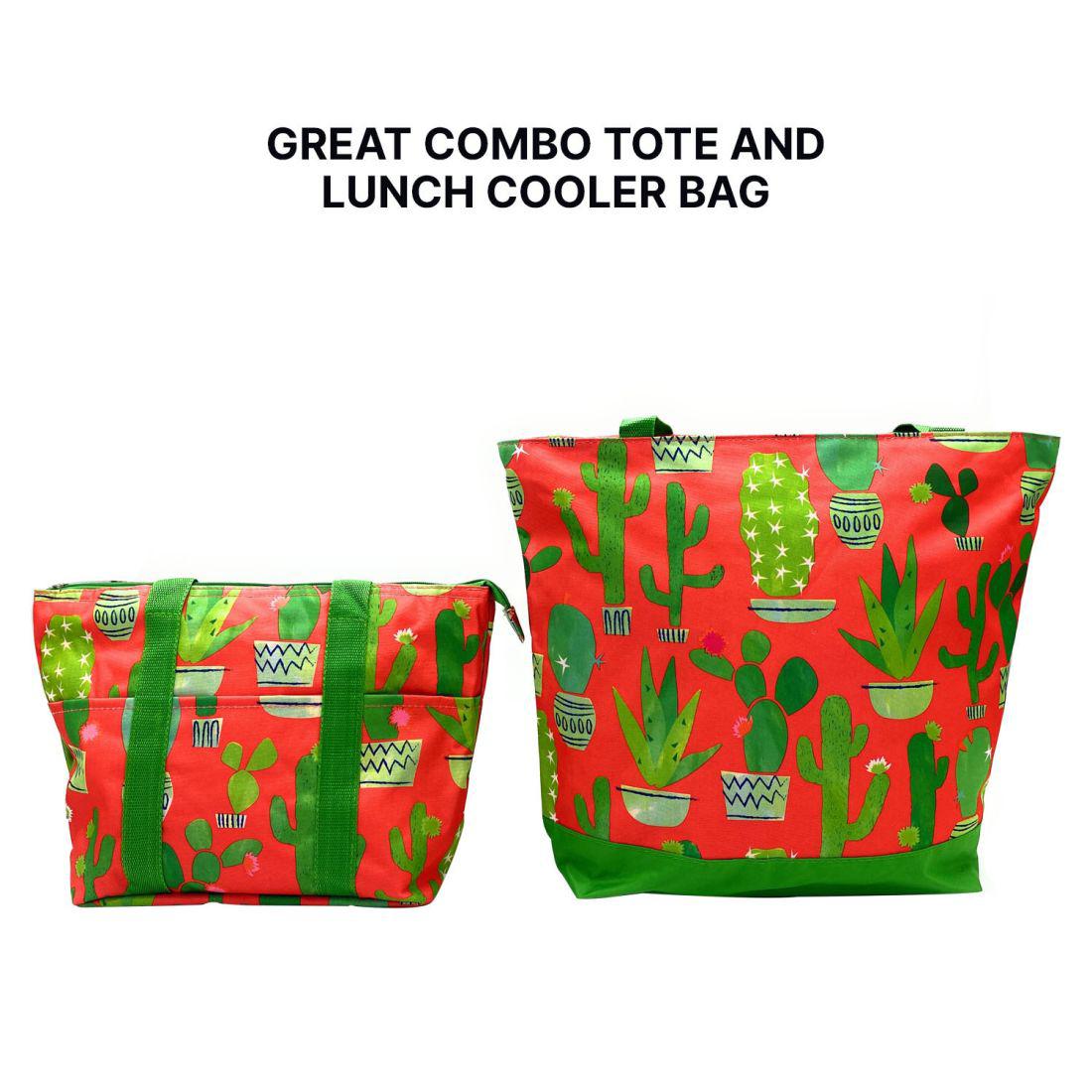 Empire Cove 2 Piece Gift Set Cactus Large Tote Bag Insulated Lunch Bag Cooler-