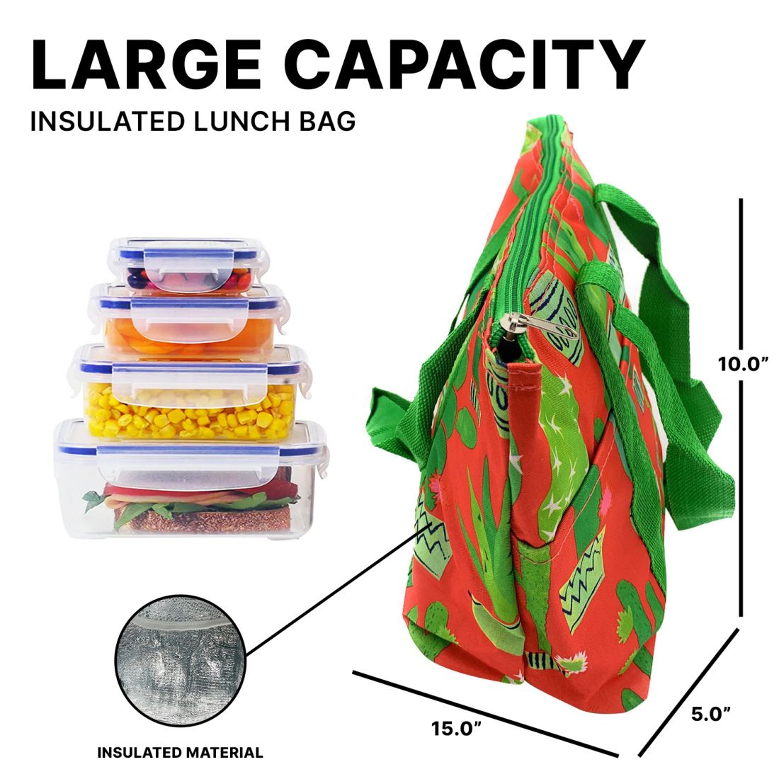 Empire Cove 2 Piece Gift Set Cactus Large Tote Bag Insulated Lunch Bag Cooler-
