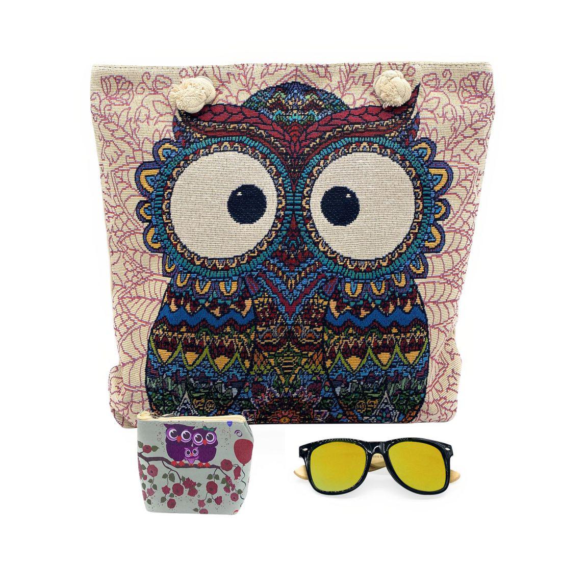 Empire Cove Womens 3 Piece Gift Set Owl Beach Tote Bag Coin Pouch Sunglasses Travel-