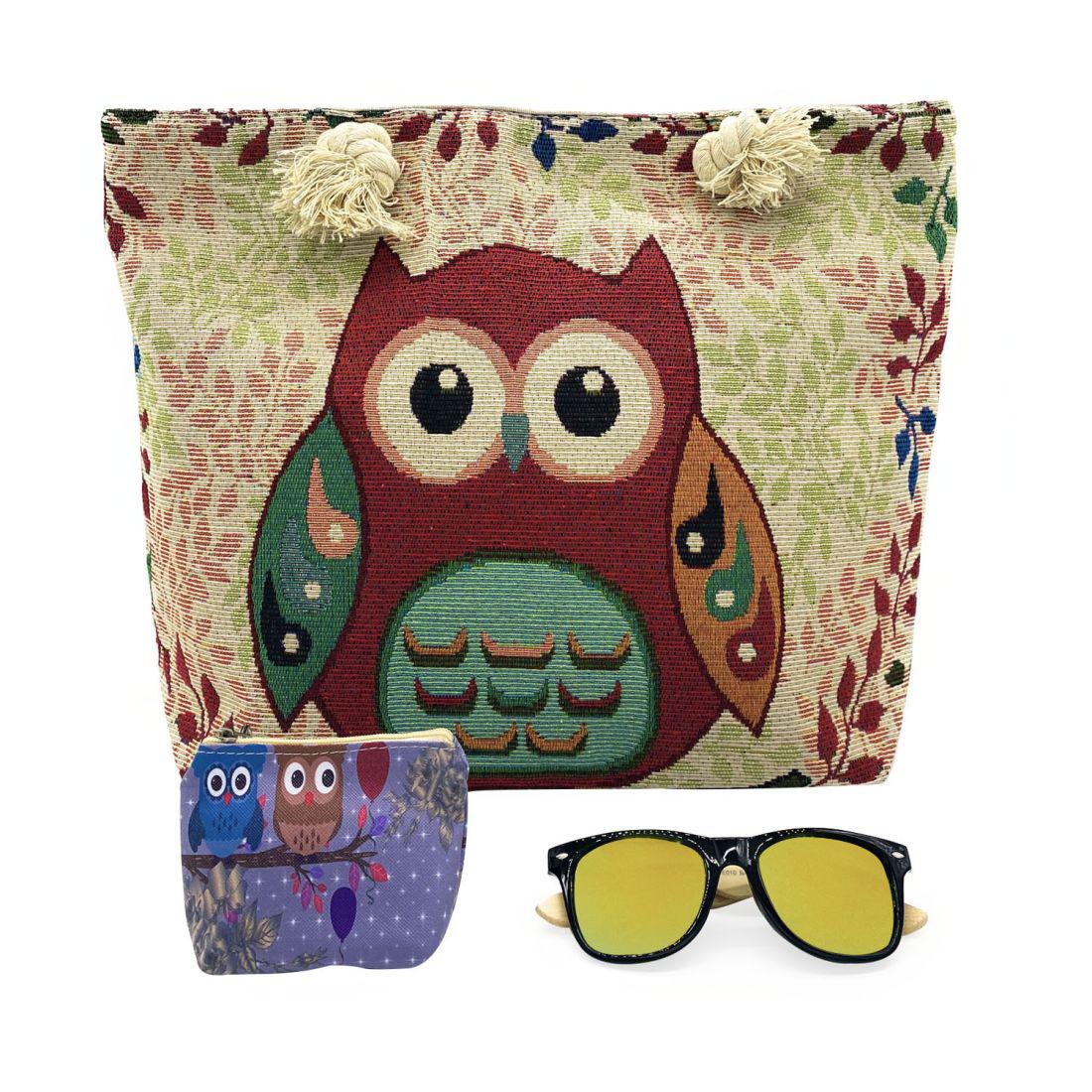 Empire Cove Womens 3 Piece Gift Set Cute Owl Tote Bag Coin Pouch Sunglasses Travel-