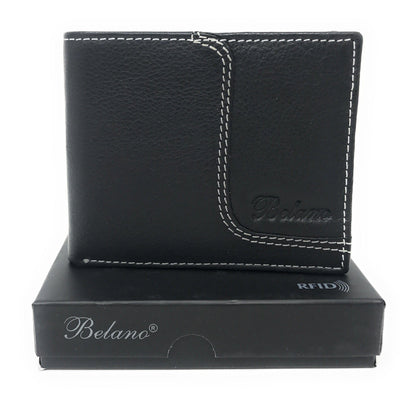 Belano RFID Blocking Real Leather Bifold Wallets for Cards ID with Box Men Women-Black - White Center Trim-