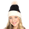 Empire Cove Winter Ribbed Knit Beanie with Faux Fur Pom Pom Hats Gifts for Her-Black-