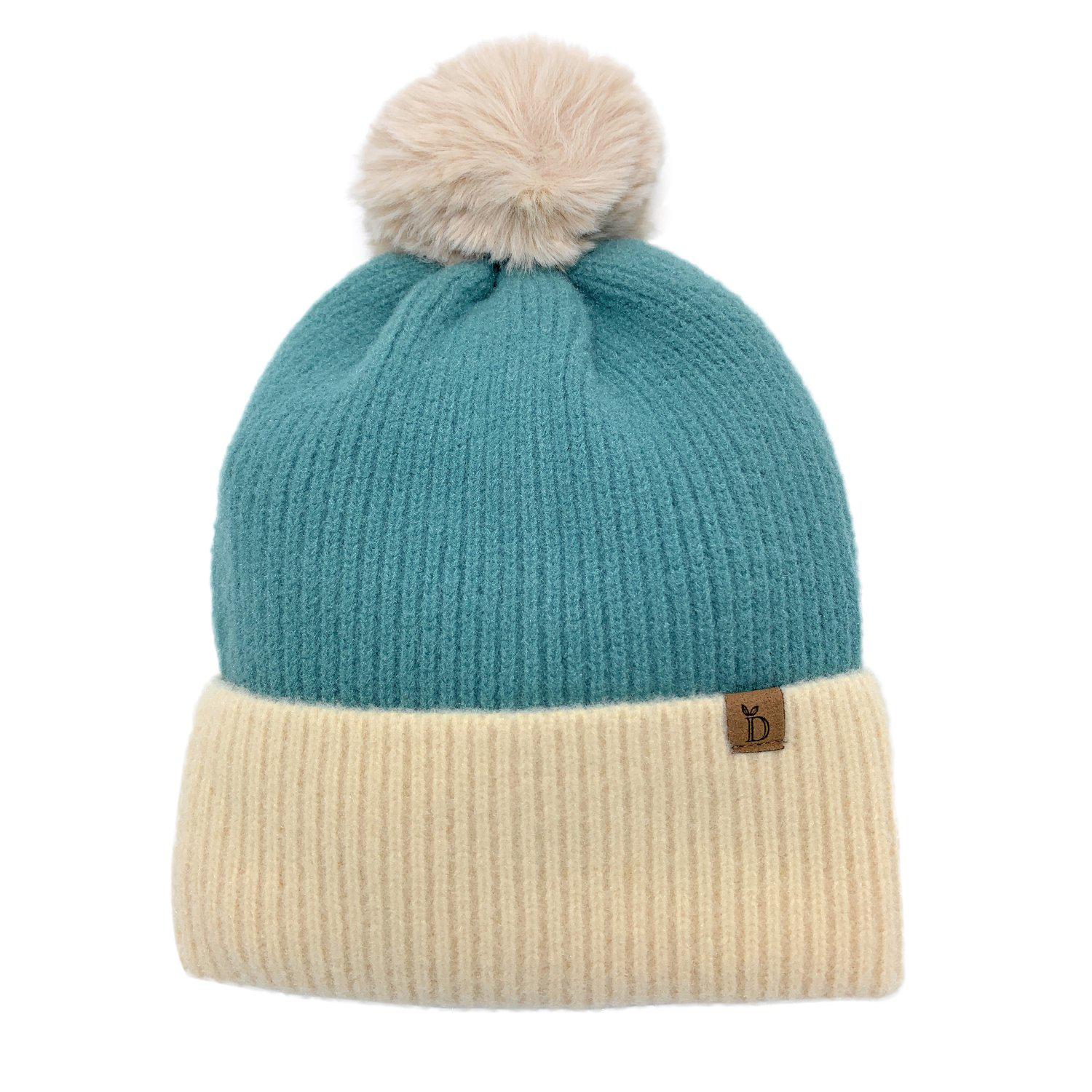 Empire Cove Winter Ribbed Knit Beanie with Faux Fur Pom Pom Hats Gifts for Her-Blue-