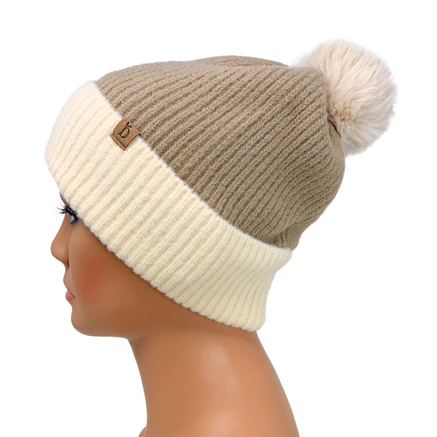 Empire Cove Winter Ribbed Knit Beanie with Faux Fur Pom Pom Hats Gifts for Her-Blue-