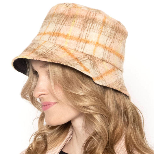 Empire Cove Womens Winter Cozy Plaid Fitted Bucket Hat Brown Pink Warm-
