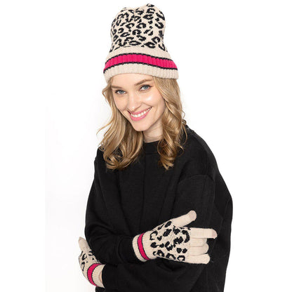 Empire Cove Winter Set Knit Leopard Striped Beanie and Touch Screen Gloves Gift Set-Beige-
