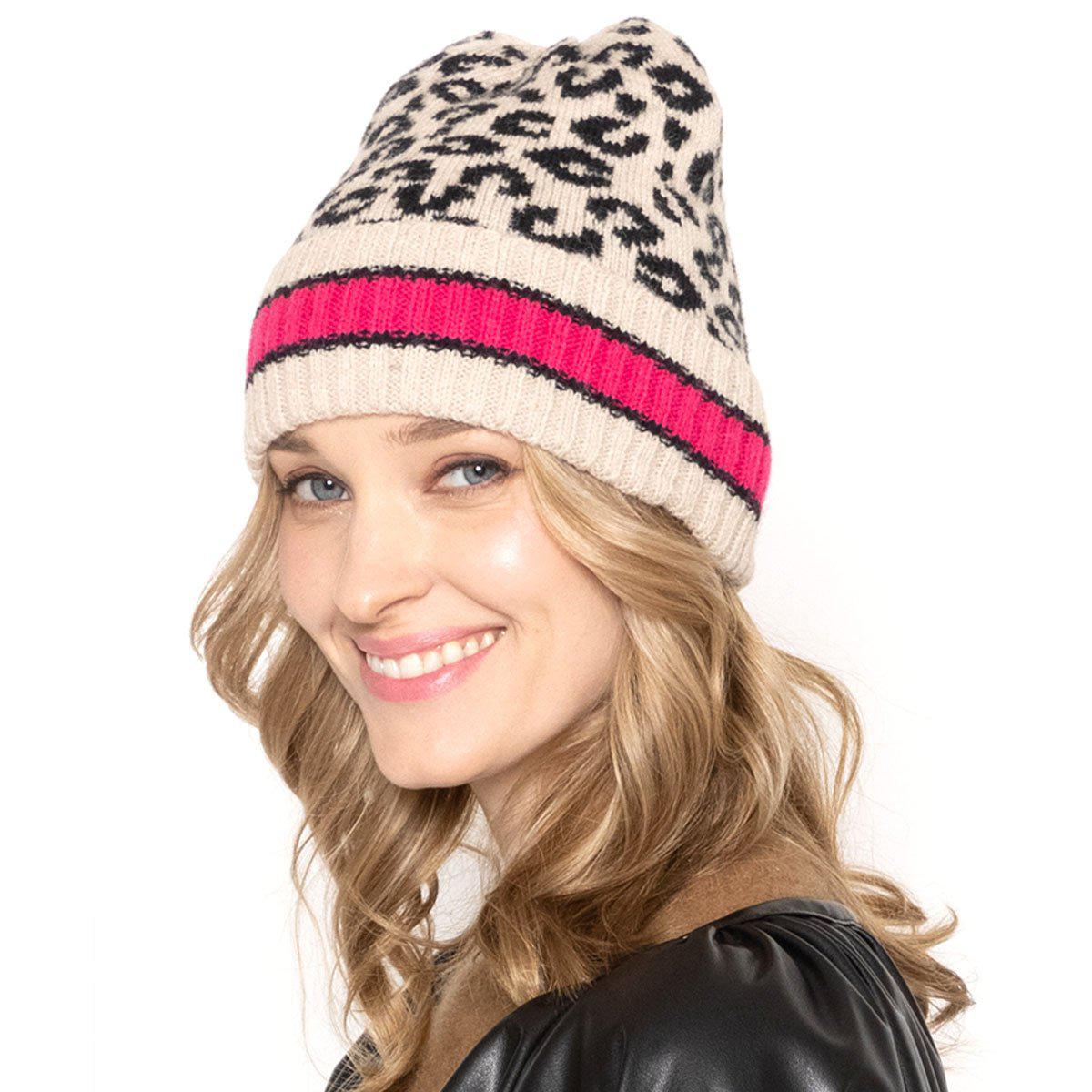 Empire Cove Winter Set Knit Leopard Striped Beanie and Touch Screen Gloves Gift Set-Beige-