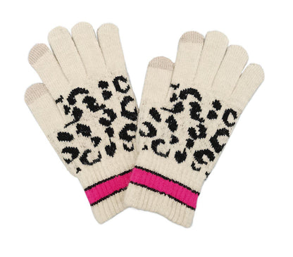 Empire Cove Winter Set Knit Leopard Striped Beanie and Touch Screen Gloves Gift Set-Beige-