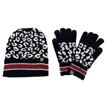 Empire Cove Winter Set Knit Leopard Striped Beanie and Touch Screen Gloves Gift Set-Beige-