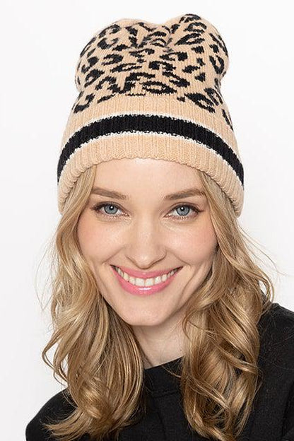 Empire Cove Winter Set Knit Leopard Striped Beanie and Touch Screen Gloves Gift Set-Beige-