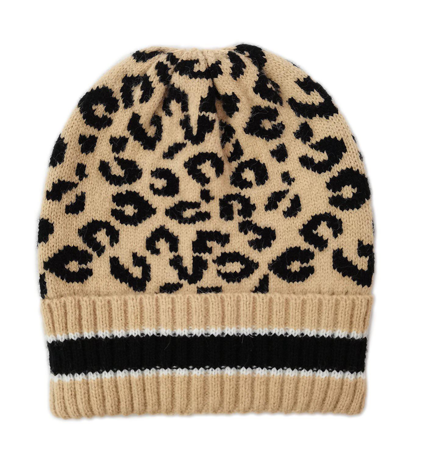 Empire Cove Winter Set Knit Leopard Striped Beanie and Touch Screen Gloves Gift Set-Beige-
