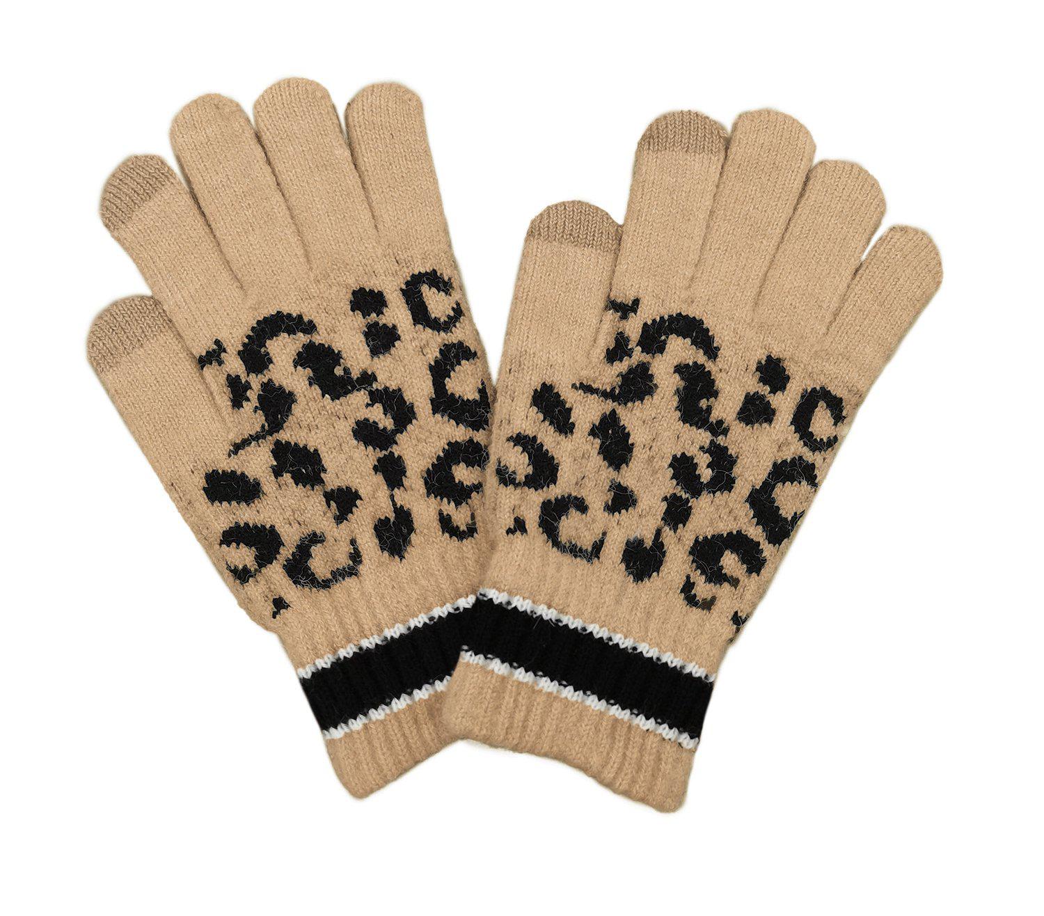 Empire Cove Winter Set Knit Leopard Striped Beanie and Touch Screen Gloves Gift Set-Beige-