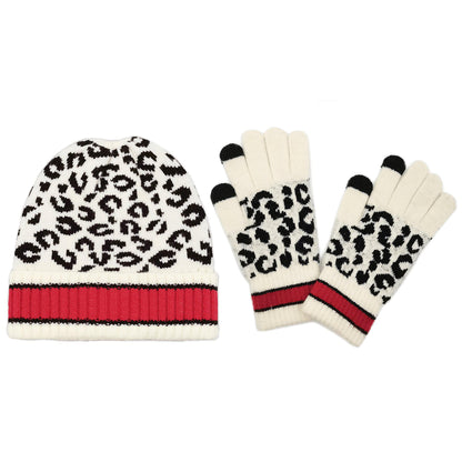 Empire Cove Winter Set Knit Leopard Striped Beanie and Touch Screen Gloves Gift Set-Ivory-