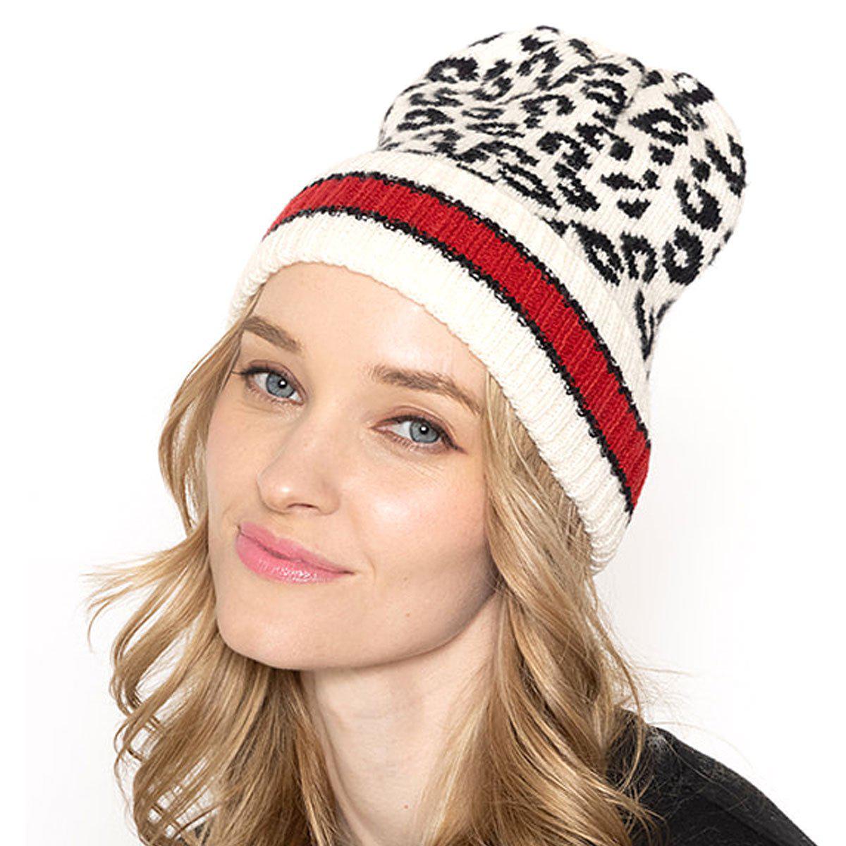 Empire Cove Winter Set Knit Leopard Striped Beanie and Touch Screen Gloves Gift Set-Beige-