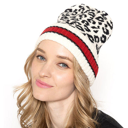 Empire Cove Winter Set Knit Leopard Striped Beanie and Touch Screen Gloves Gift Set-Beige-