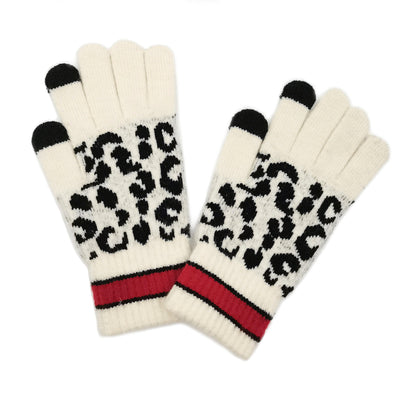 Empire Cove Winter Set Knit Leopard Striped Beanie and Touch Screen Gloves Gift Set-Beige-
