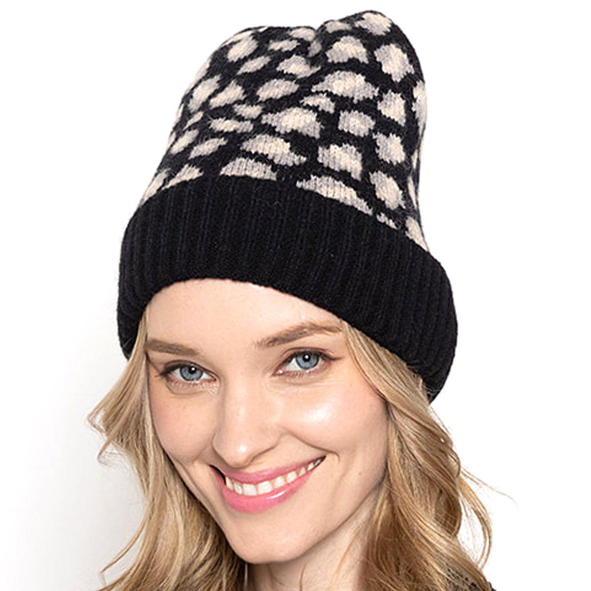 Empire Cove Winter Set Knit Ribbed Leopard Cuff Beanie and Touch Screen Gloves Gift Set-Black-