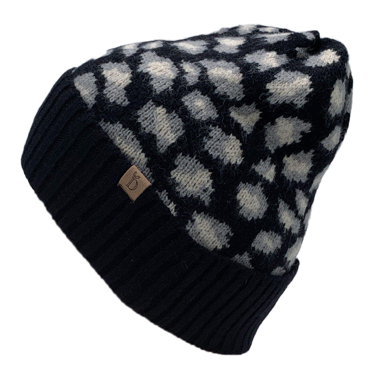 Empire Cove Winter Set Knit Ribbed Leopard Cuff Beanie and Touch Screen Gloves Gift Set-Black-