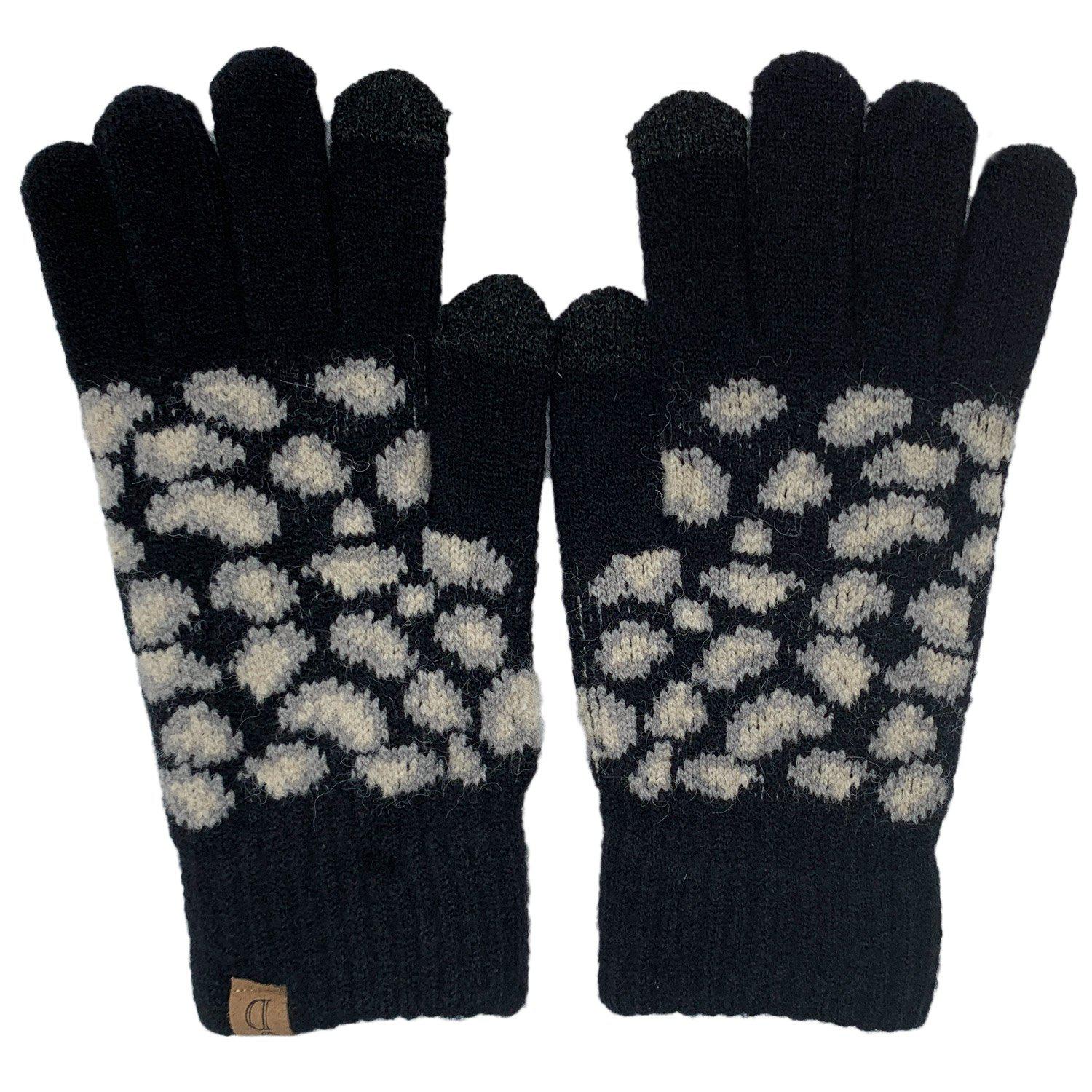 Empire Cove Winter Set Knit Ribbed Leopard Cuff Beanie and Touch Screen Gloves Gift Set-Black-