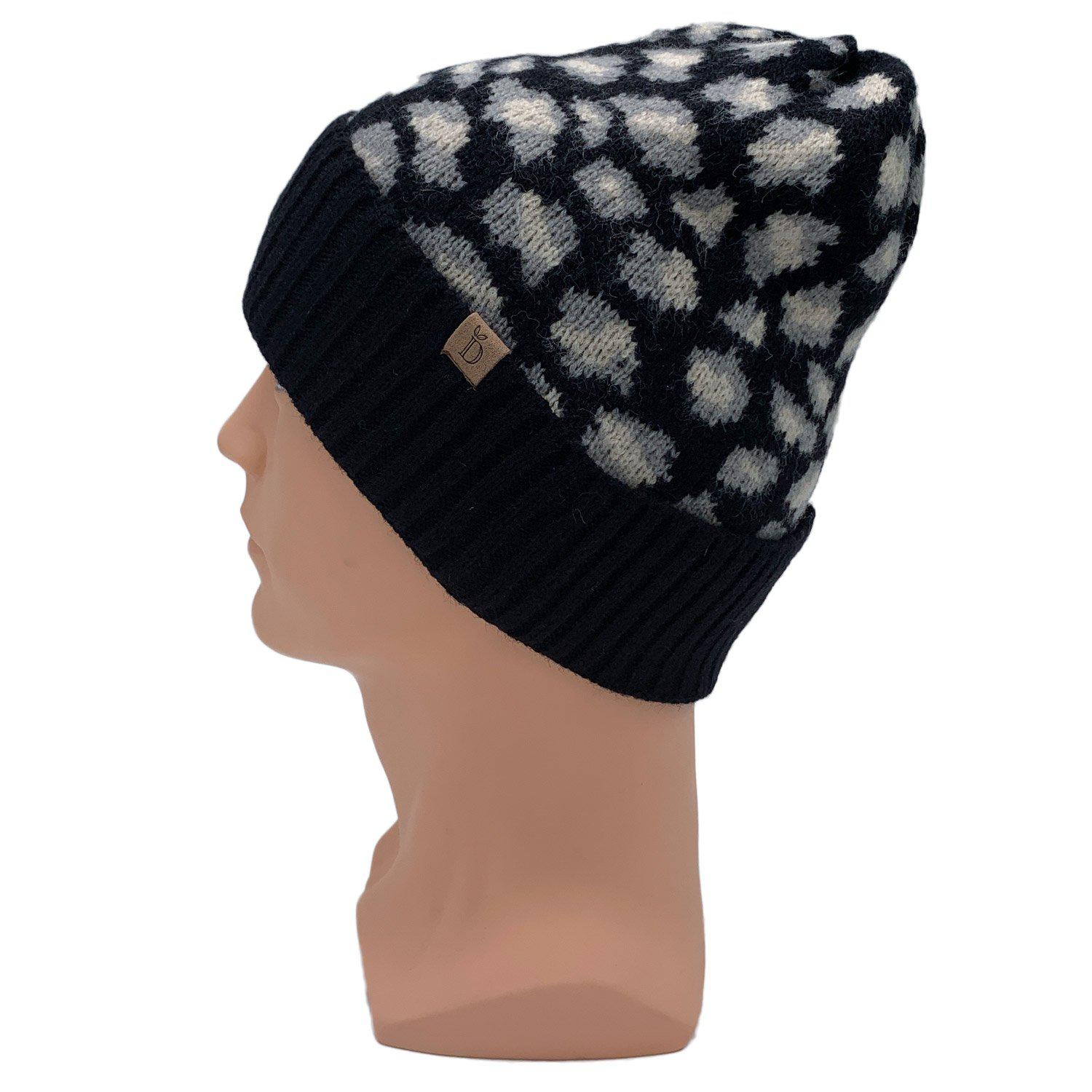 Empire Cove Winter Set Knit Ribbed Leopard Cuff Beanie and Touch Screen Gloves Gift Set-Black-