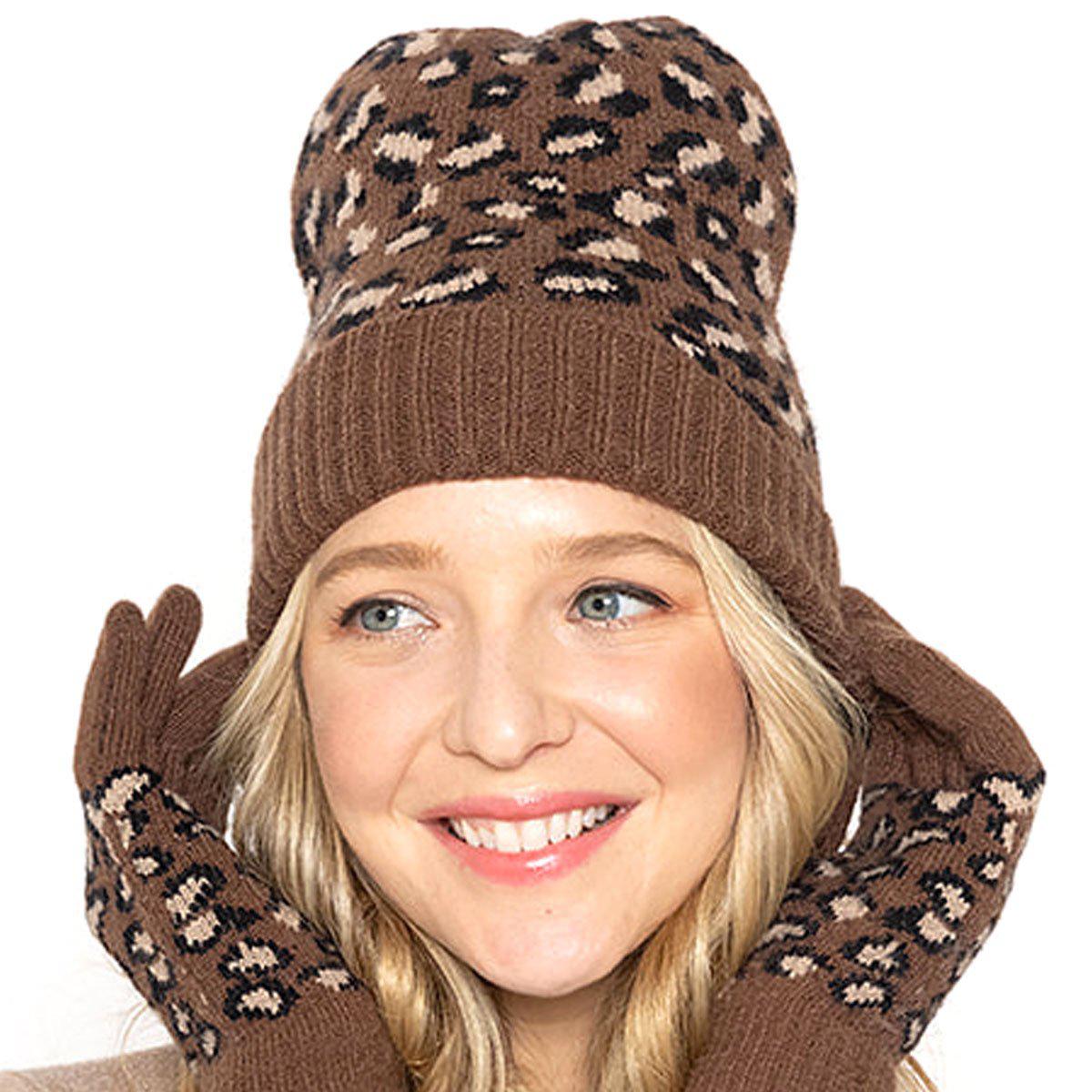 Empire Cove Winter Set Knit Ribbed Leopard Cuff Beanie and Touch Screen Gloves Gift Set-Black-