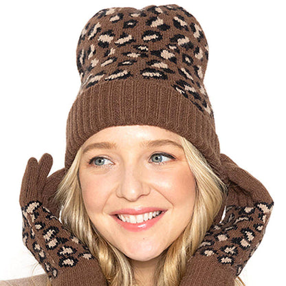 Empire Cove Winter Set Knit Ribbed Leopard Cuff Beanie and Touch Screen Gloves Gift Set-Black-