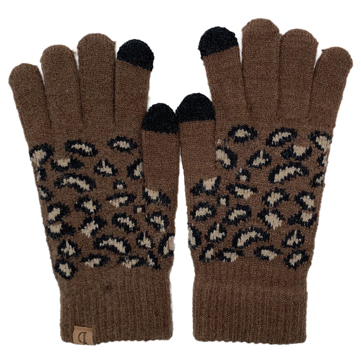 Empire Cove Winter Set Knit Ribbed Leopard Cuff Beanie and Touch Screen Gloves Gift Set-Black-