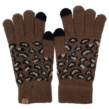 Empire Cove Winter Set Knit Ribbed Leopard Cuff Beanie and Touch Screen Gloves Gift Set-Black-