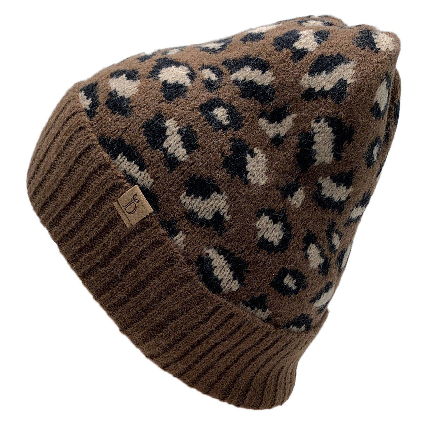 Empire Cove Winter Set Knit Ribbed Leopard Cuff Beanie and Touch Screen Gloves Gift Set-Black-