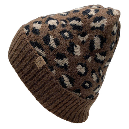 Empire Cove Winter Set Knit Ribbed Leopard Cuff Beanie and Touch Screen Gloves Gift Set-Black-