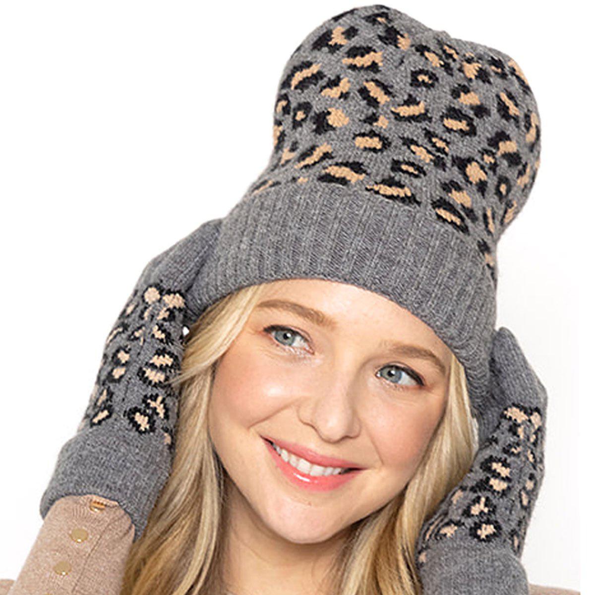 Empire Cove Winter Set Knit Ribbed Leopard Cuff Beanie and Touch Screen Gloves Gift Set-Black-