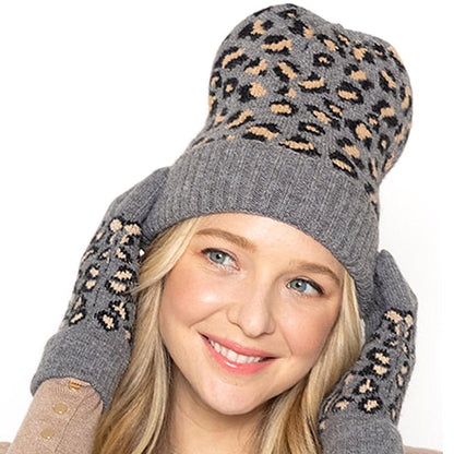 Empire Cove Winter Set Knit Ribbed Leopard Cuff Beanie and Touch Screen Gloves Gift Set-Black-