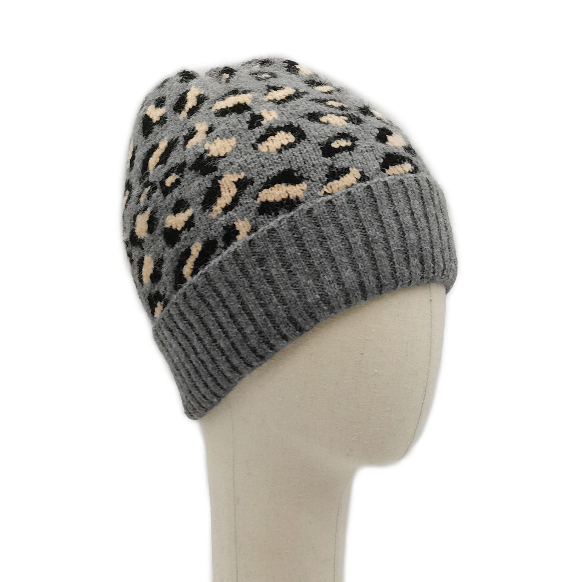 Empire Cove Winter Set Knit Ribbed Leopard Cuff Beanie and Touch Screen Gloves Gift Set-Black-