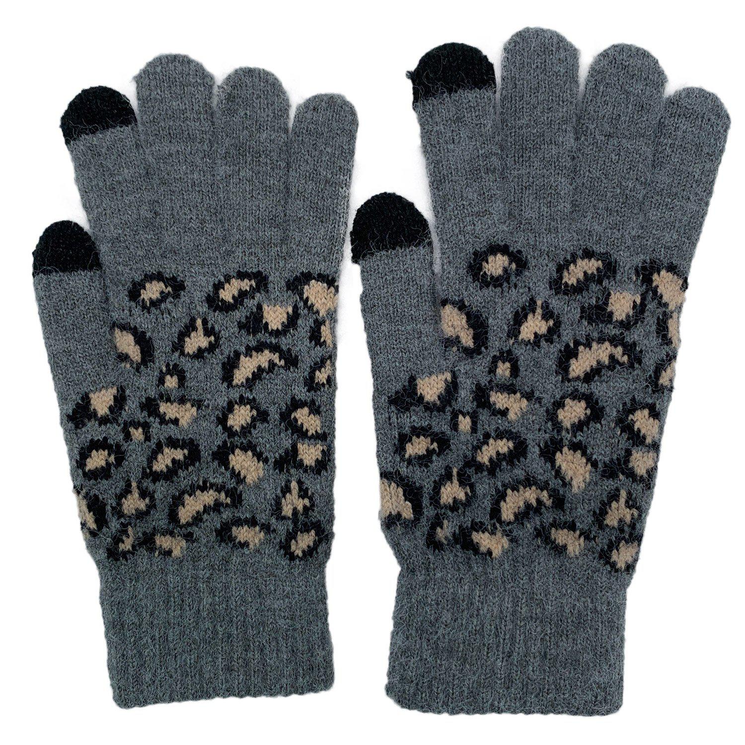 Empire Cove Winter Set Knit Ribbed Leopard Cuff Beanie and Touch Screen Gloves Gift Set-Black-
