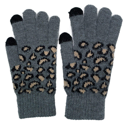 Empire Cove Winter Set Knit Ribbed Leopard Cuff Beanie and Touch Screen Gloves Gift Set-Black-