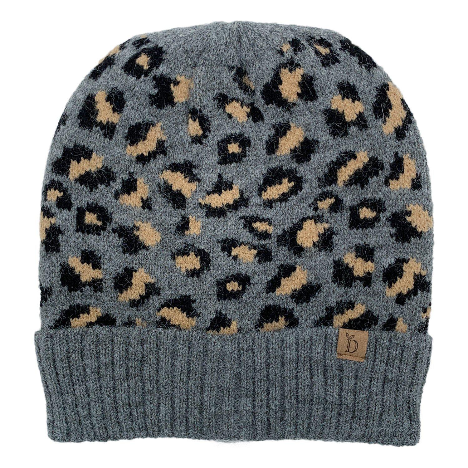 Empire Cove Winter Set Knit Ribbed Leopard Cuff Beanie and Touch Screen Gloves Gift Set-Black-