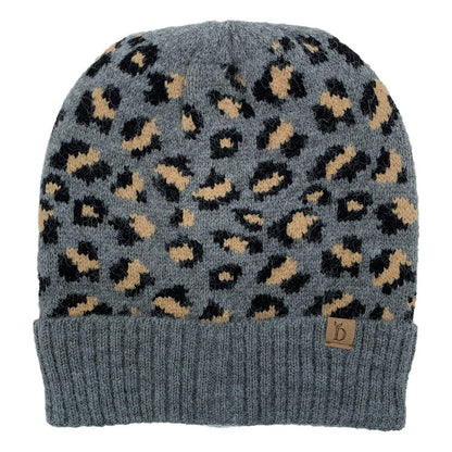Empire Cove Winter Set Knit Ribbed Leopard Cuff Beanie and Touch Screen Gloves Gift Set-Black-