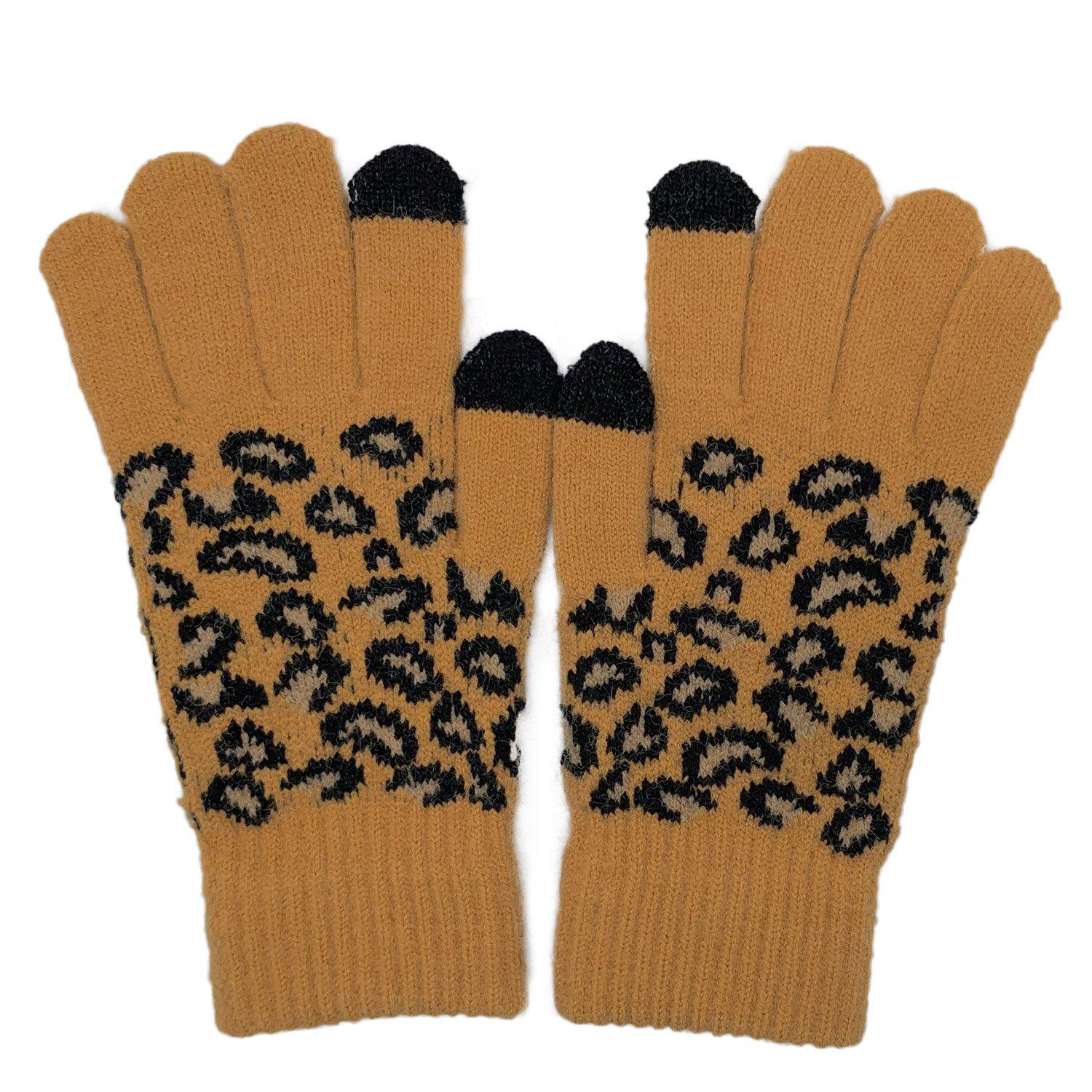Empire Cove Winter Set Knit Ribbed Leopard Cuff Beanie and Touch Screen Gloves Gift Set-Black-