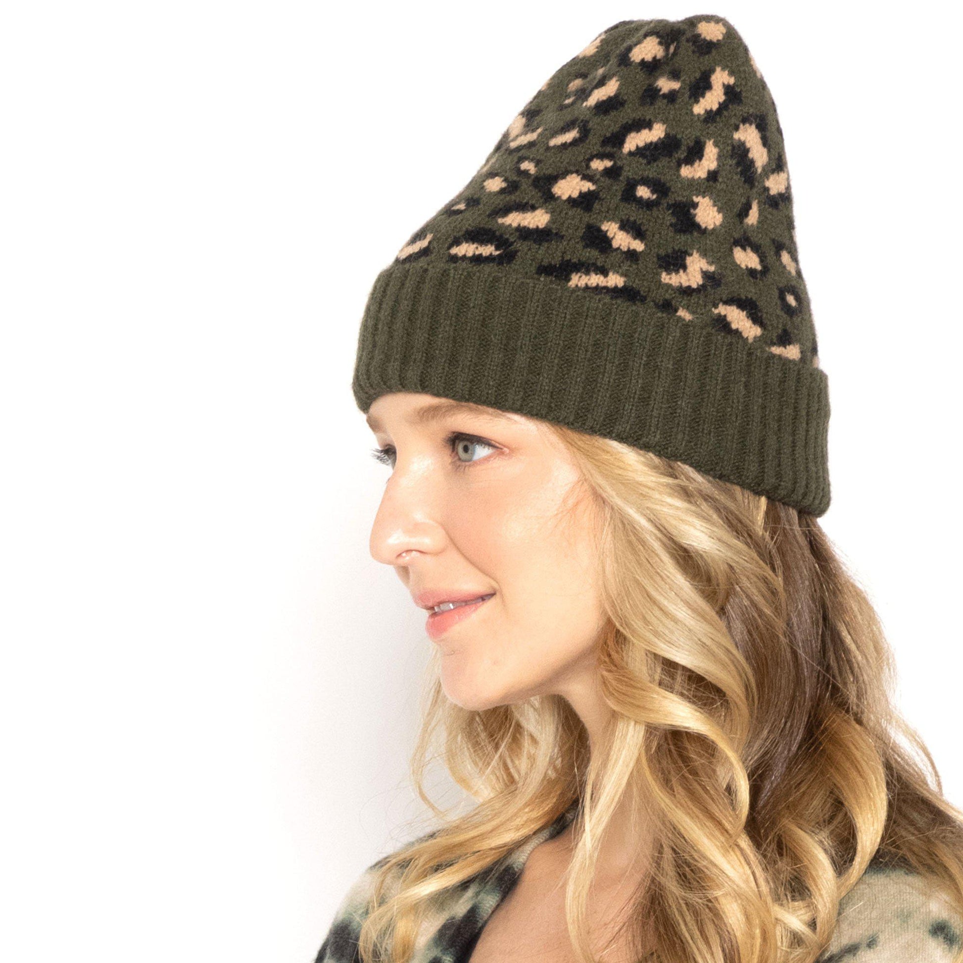 Empire Cove Winter Set Knit Ribbed Leopard Cuff Beanie and Touch Screen Gloves Gift Set-Black-