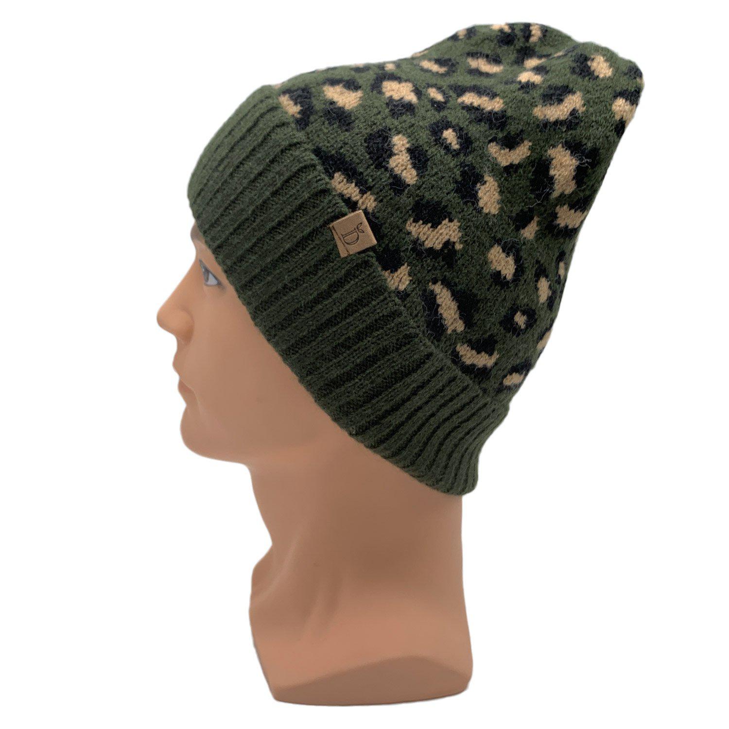 Empire Cove Winter Set Knit Ribbed Leopard Cuff Beanie and Touch Screen Gloves Gift Set-Black-
