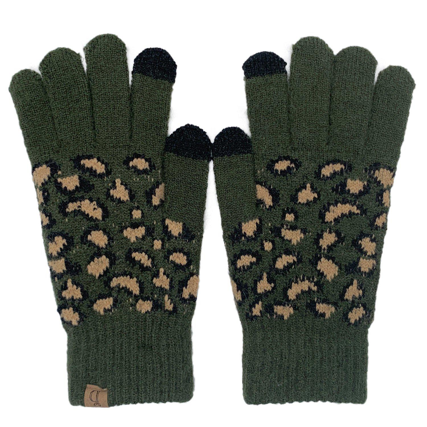 Empire Cove Winter Set Knit Ribbed Leopard Cuff Beanie and Touch Screen Gloves Gift Set-Black-