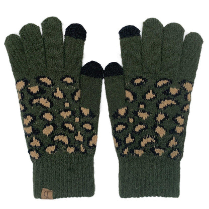 Empire Cove Winter Set Knit Ribbed Leopard Cuff Beanie and Touch Screen Gloves Gift Set-Black-